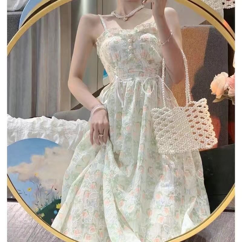 夏季针织开衫碎花吊带连衣裙两件套