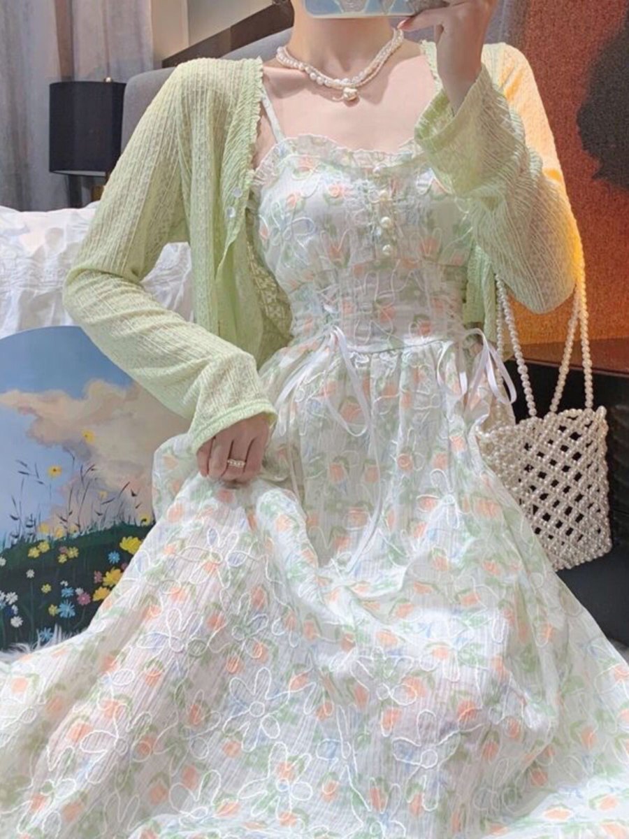 夏季针织开衫碎花吊带连衣裙两件套